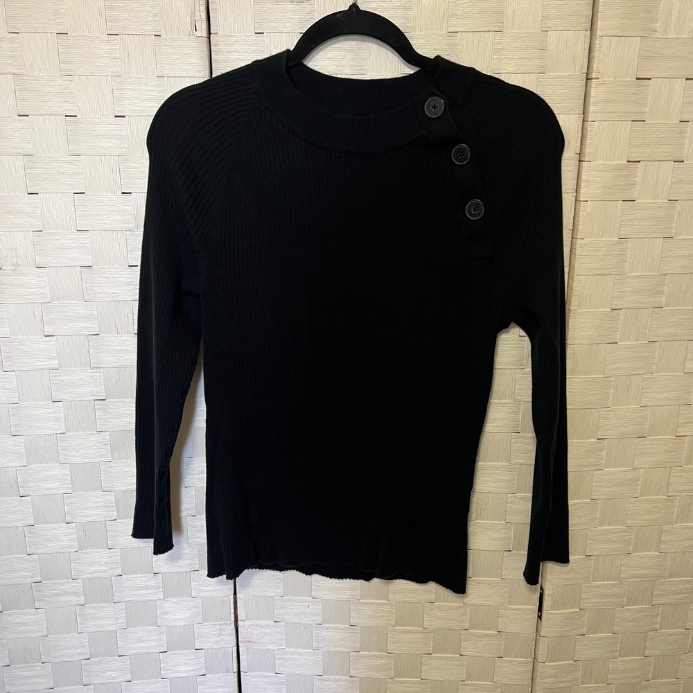 Chaps Ribbed Knit Y2k Top Button Accent Long Sleeve Black Sweater Size L - Picture 4 of 7